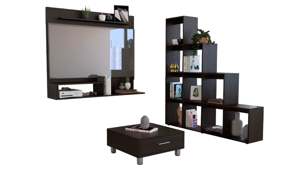 Panel TV + Biblioteca Escalera+ Mesa de Centro Color Wengue Para Sala De Estar